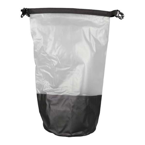 A waterproof bag featuring a clear upper section and black lower section, secured with adjustable straps.
