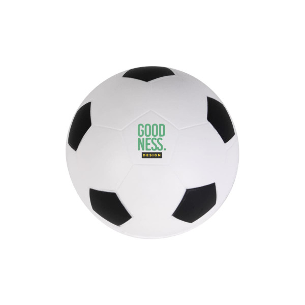 A white soccer ball stress reliever with black patches and a logo on one side.