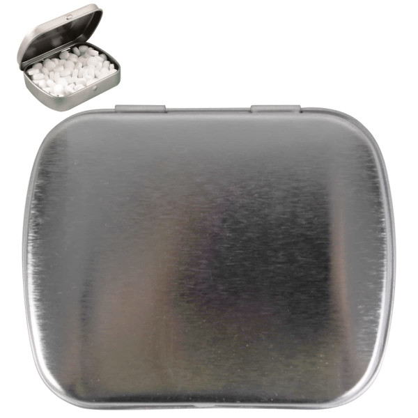 A silver tin containing sugar-free breath mints with a smooth, metallic finish and white mints inside.