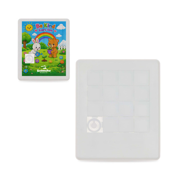 A sliding tile puzzle featuring a colourful cover with a bunny and bear, surrounded by a vibrant scene, with a white frame.