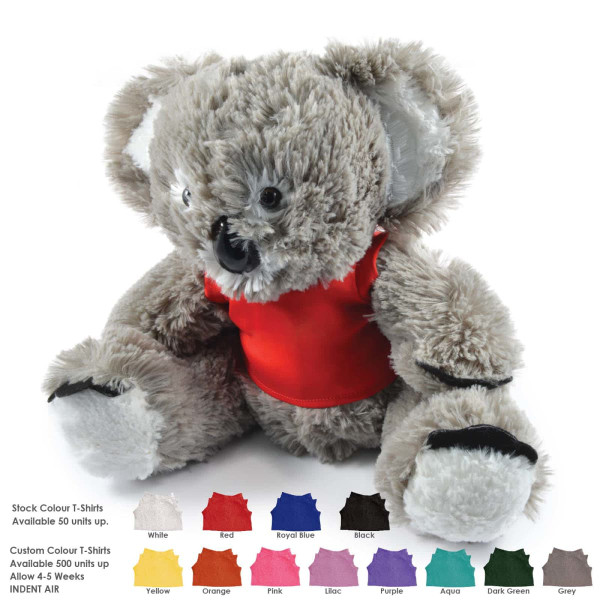 A plush koala toy in gray with a red shirt, featuring a black nose and paws. It has a logo on the shirt.