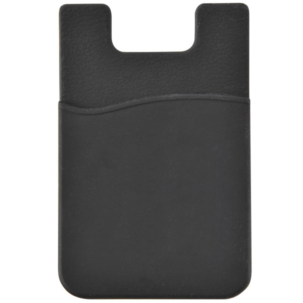 A sleek black phone wallet designed to attach to the back of a smartphone, featuring a pocket for holding cards or cash.
