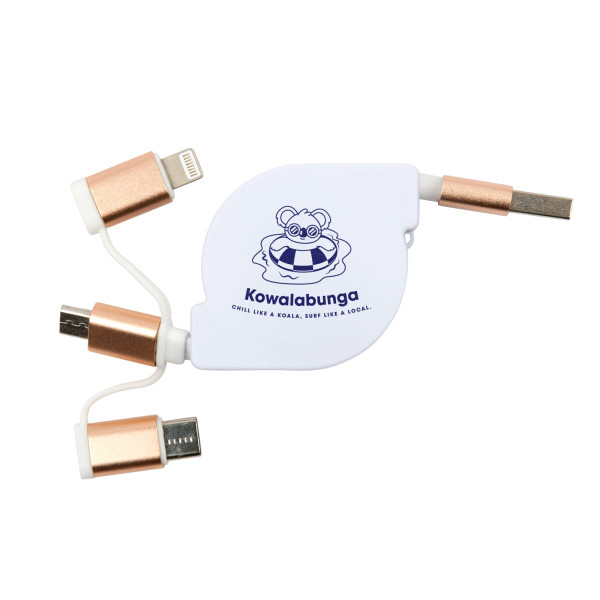 A retractable charging cable with a white body and copper accents, featuring connections for multiple devices.