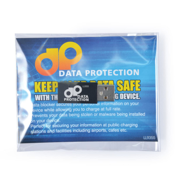A data blocker device in a clear package with a logo, designed to protect against data theft. Dominant colors are black and blue.