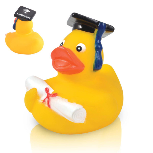 A yellow bath duck wearing a graduation cap and holding a rolled diploma, featuring a logo on the back.