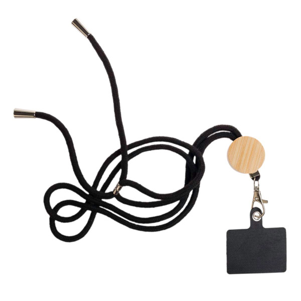 A neck lanyard featuring a wooden clip and a black pouch, designed to hold a phone securely.