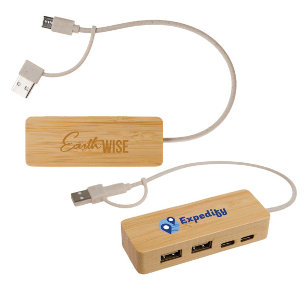 A bamboo USB hub featuring multiple ports and white cables, with branding on both sides.