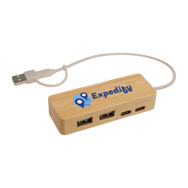 A USB hub made of bamboo, featuring three USB ports and a logo that reads "Expedity." It includes a connected USB cable.