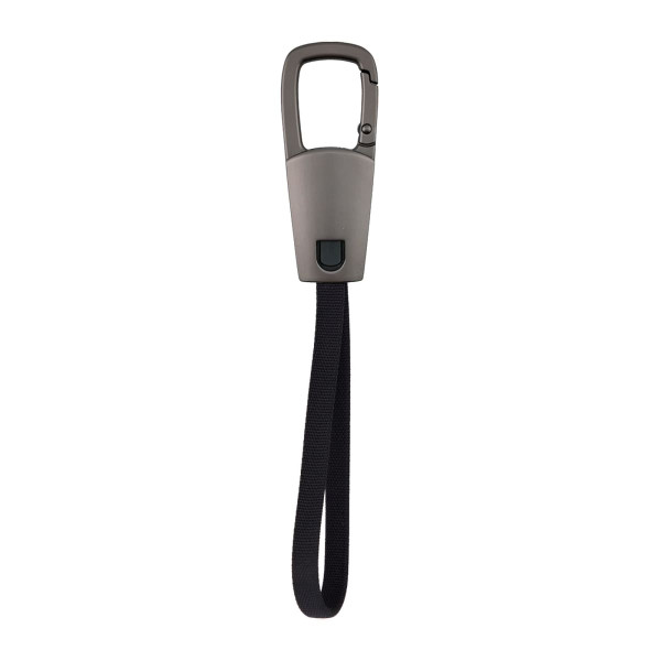 A grey carabiner-style clip with a black strap, designed as a charging cable accessory.