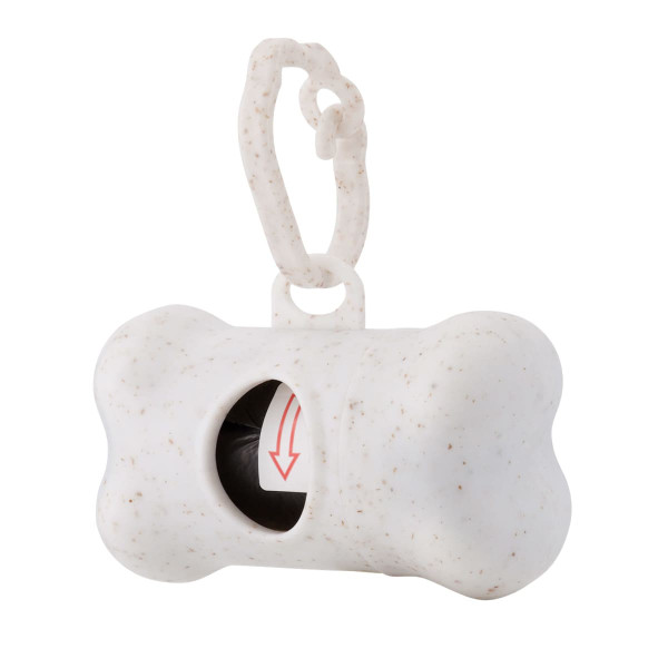 A white bone-shaped dog waste bag dispenser with a black opening and a clip for attachment. Includes a logo.