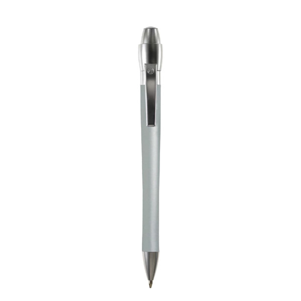 A silver metal pen with a sleek design, featuring a clip and a logo on the barrel.