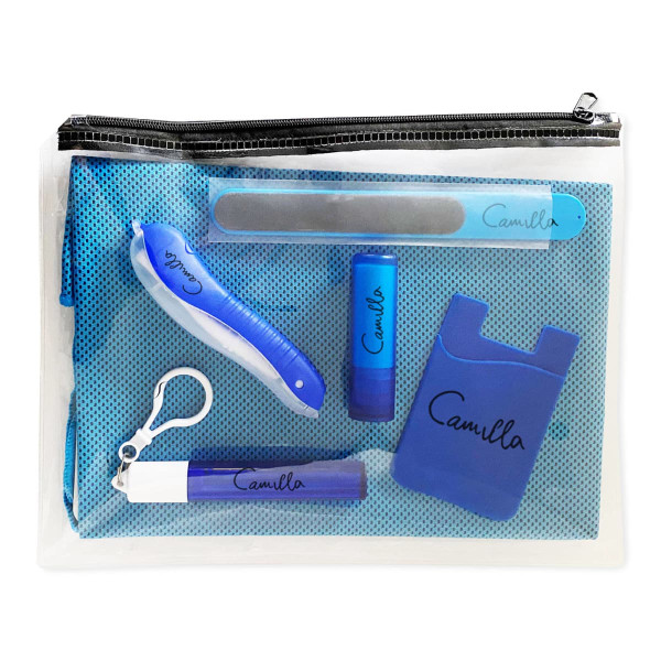 A transparent pouch containing various blue personal care items, including a nail file, bottle, and a small tool with a logo.