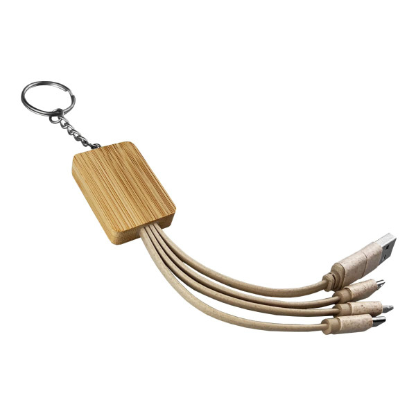 A bamboo charging cable key ring featuring multiple connectors in beige tones attached to a metal key ring.