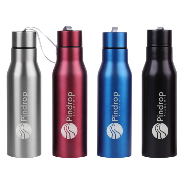 A drink bottle set featuring silver, red, blue, and black bottles, each with a logo on the front.