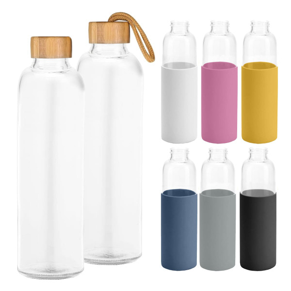 A drink bottle with a bamboo lid and sleeve, available in various colours, including white, pink, yellow, grey, and black.