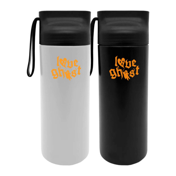 A drink bottle in white and black, featuring a logo, with a black lid and a carrying strap.