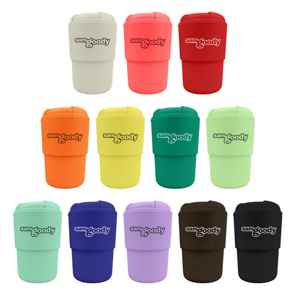 A collection of reusable coffee cups in various colours, featuring ribbed bases and a logo.