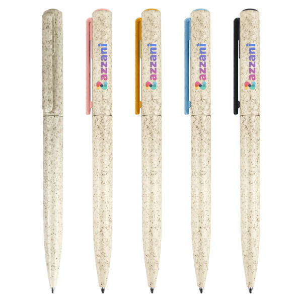 A collection of Zara Eco Pens in various colours: pink, orange, blue, and black, featuring a logo on each pen.