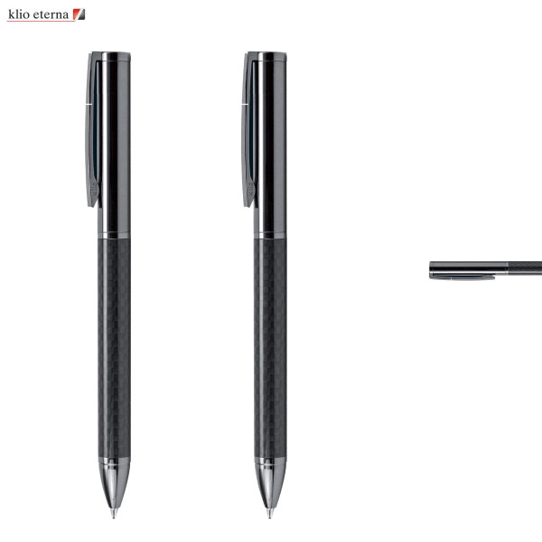 A sleek black metal pen with a carbon fibre grip and a clip, featuring a logo.