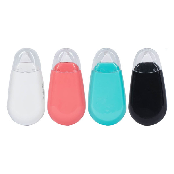 A set of four glue tape dispensers in white, coral, turquoise, and black, each with a clear cap and a branded logo.