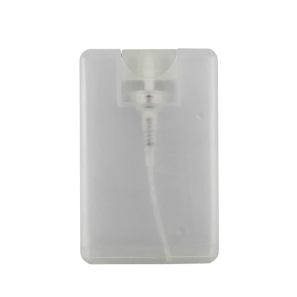 A clear, compact 20ml hand sanitiser spray card with a nozzle for easy dispensing.