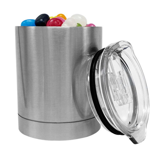 A silver coffee mug with a transparent lid, filled with colourful jelly beans. The mug has a sleek, modern design.