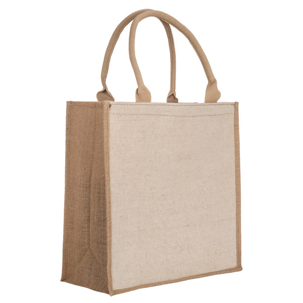 A reusable grocery bag in natural and brown tones, featuring sturdy handles and a simple design.