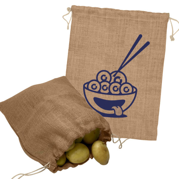 A jute bag in a light brown colour, featuring a design of a bowl with round objects and chopsticks, filled with potatoes.