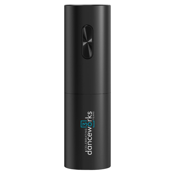 A drink bottle opener in sleek black with a streamlined design and a logo on the surface.