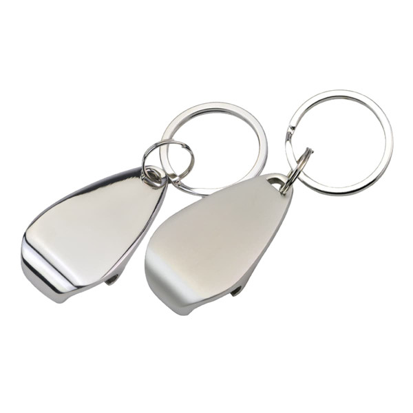 A drink bottle opener key ring in shiny silver, featuring a sleek design and a metal ring for attachment.