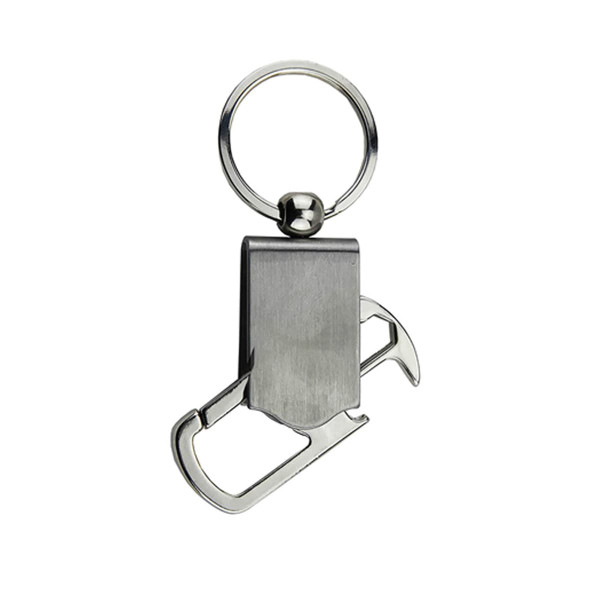 A drink bottle opener key ring in silver, featuring a sleek design and a rounded key ring attachment.