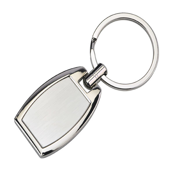 A silver oval key ring with a polished surface and a metal loop for attachment.