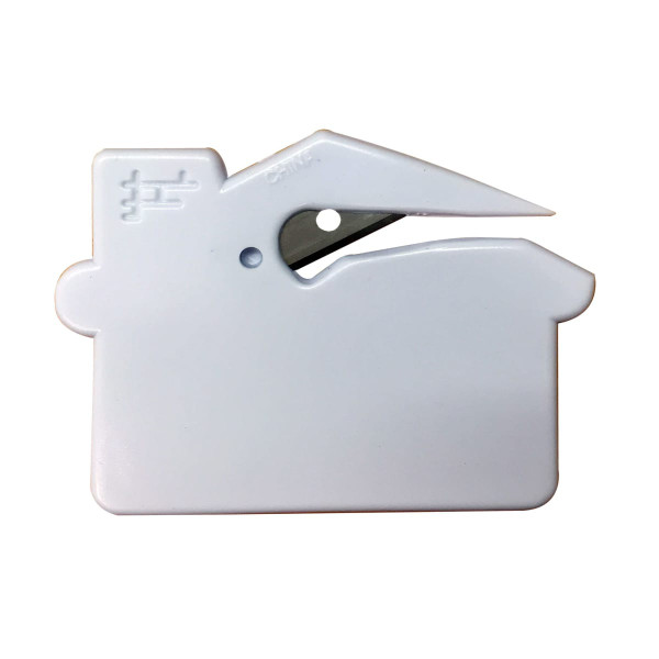 A white, house-shaped letter opener with a sharp blade and a logo visible on the surface.