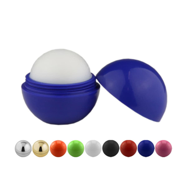 A blue lip balm ball with a white sphere top, surrounded by various coloured balm containers including gold, silver, green, and red.
