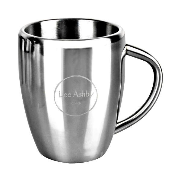 A stainless steel mug with a curved design and a smooth handle. It features a logo on the front.