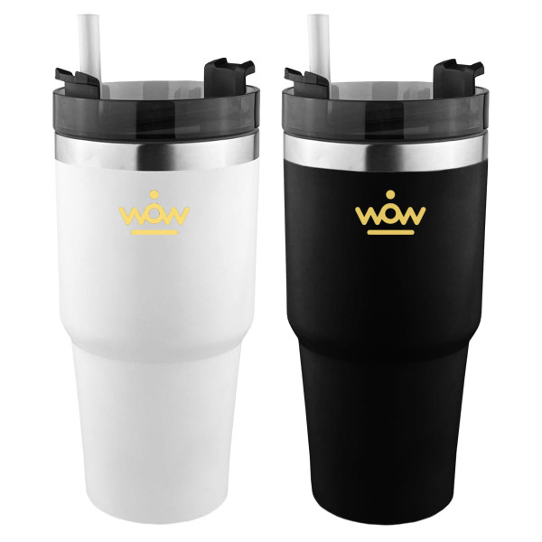 A drink bottle featuring a black and white design, with a silver rim and a logo on both sides.