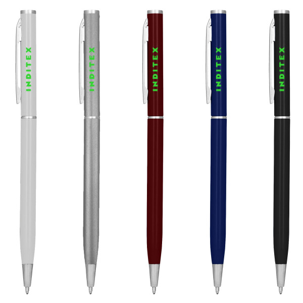 A set of metal pens in silver, white, maroon, navy blue, and black, each with a branding logo.