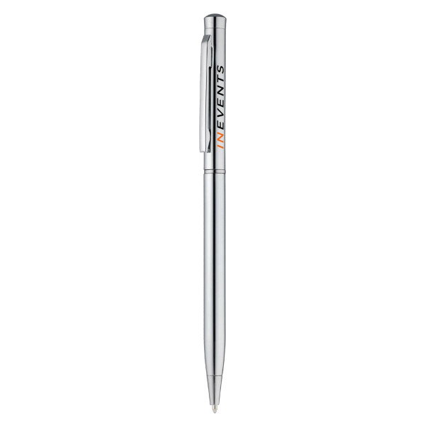 A metal pen with a sleek silver design and a logo on the side.