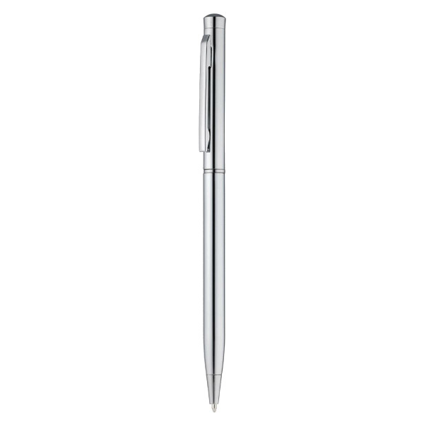 A metal pen in sleek silver, featuring a clip and smooth design, with a branding logo on the barrel.