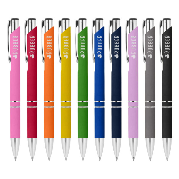 A collection of metal pens in pink, red, orange, green, blue, dark blue, black, and grey, featuring rubberised grips and branding.