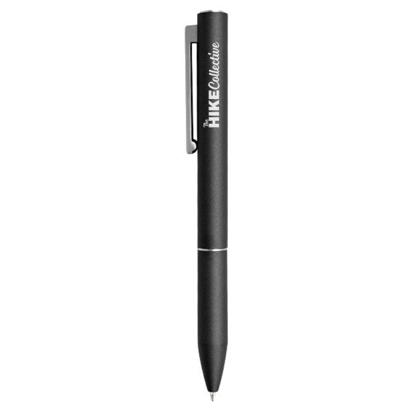 A sleek black metal pen featuring a clip and a logo on the side. Ideal for writing tasks.