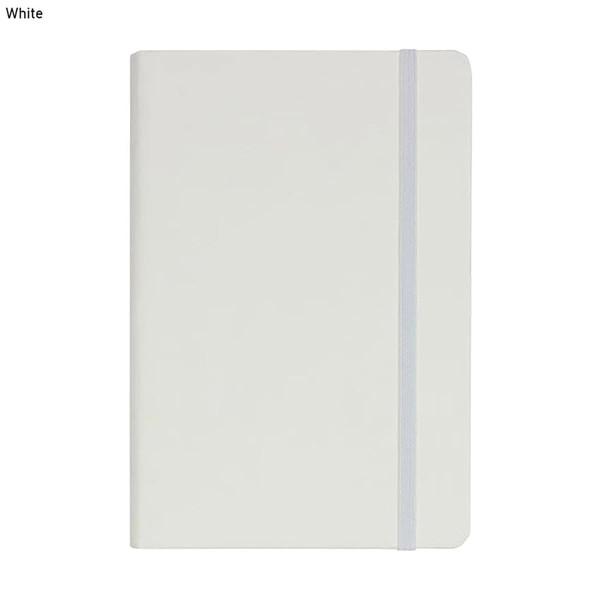 A5 PU notebook in white with a smooth cover and an elastic band closure. Features a logo on the front.