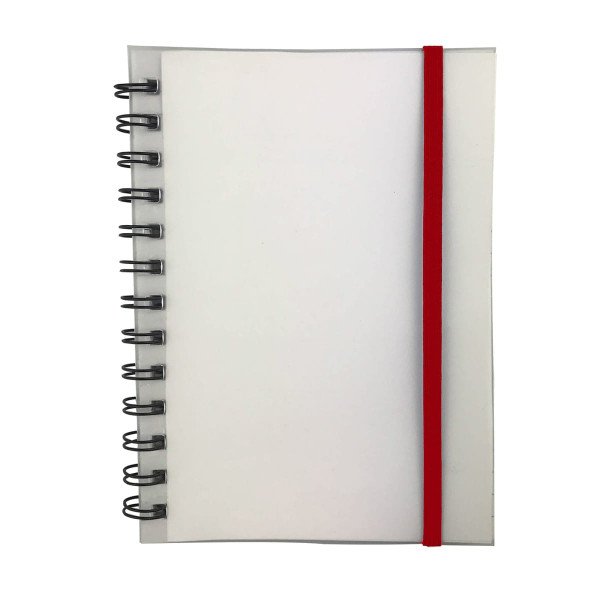 A spiral-bound notebook with a transparent cover and a red elastic band. Contains blank pages.