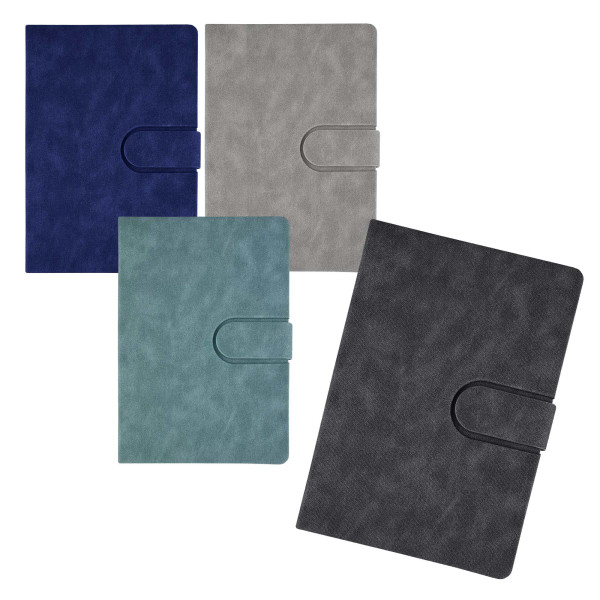 A collection of Rewiz Notebooks in navy, grey, teal, and black, featuring a clasp closure and a smooth finish.