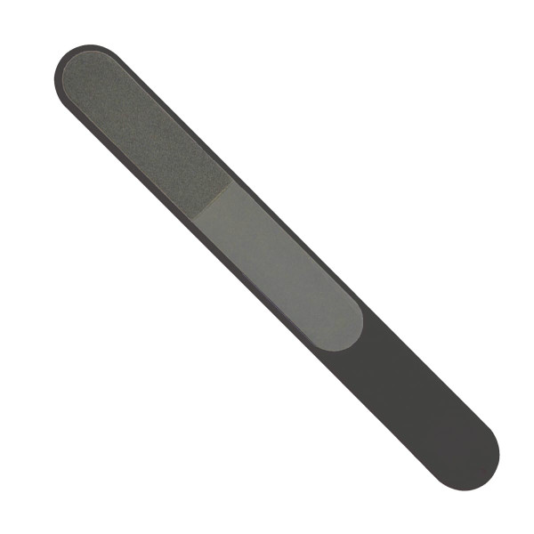 A nail file in grey with a smooth and gritty surface, featuring a simple design and logo.