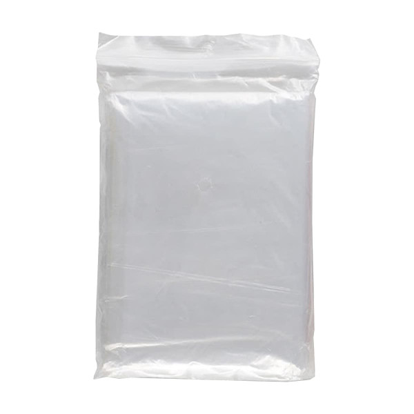 A clear plastic bag containing a folded poncho. The poncho is lightweight and features a branding logo.