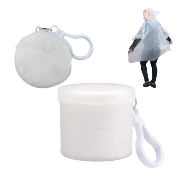 A clear poncho packed in a round container with a clip for easy carrying. Ideal for outdoor activities.