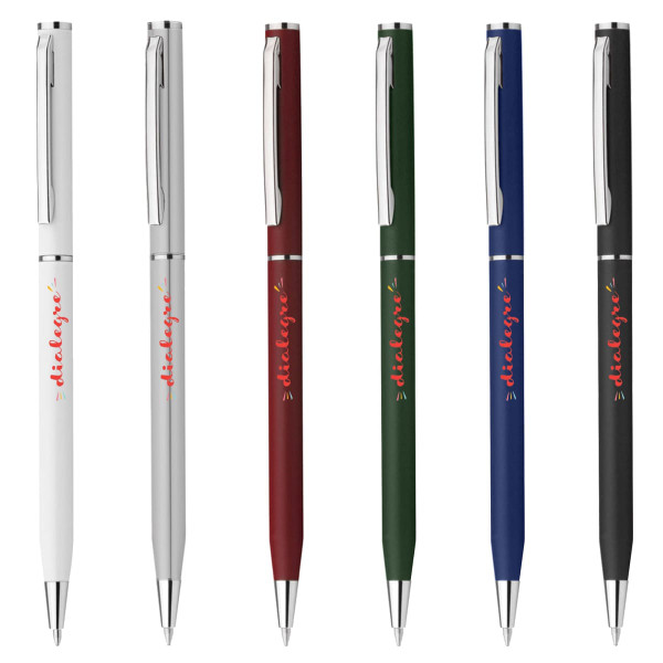 A selection of six plastic pens in white, red, green, and blue, each with a silver clip and branding.