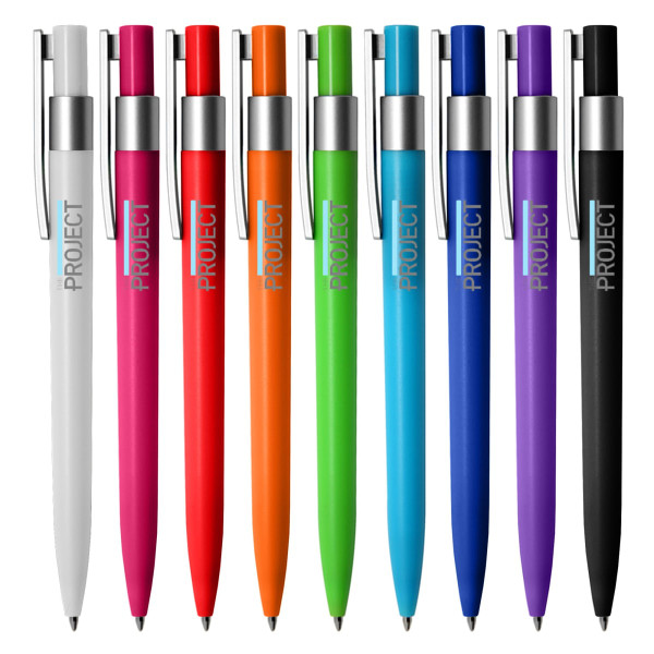 A collection of plastic pens in colours including white, pink, red, orange, green, blue, purple, and black, featuring logos.