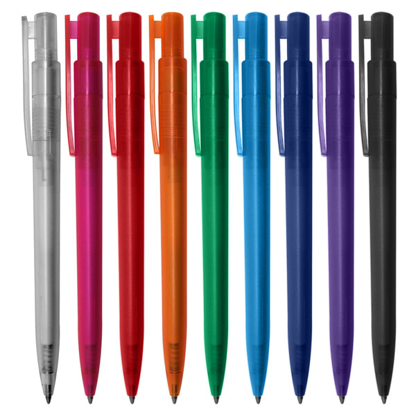 A collection of plastic pens in various colours: clear, red, pink, orange, green, blue, purple, and black. Each has a clip and a logo.